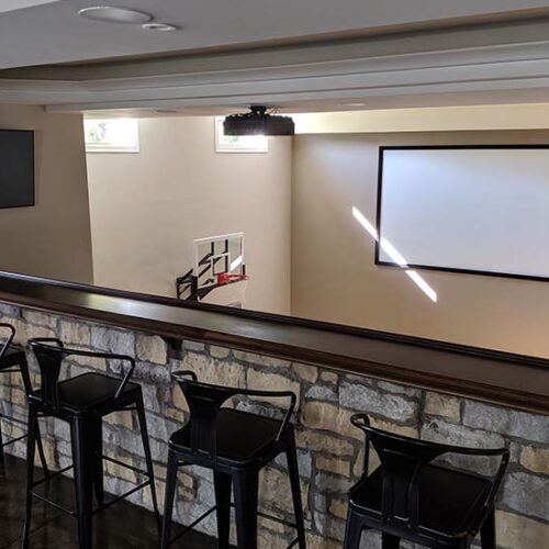 personal basketball court media projector custom courtside bleacher tv AV room