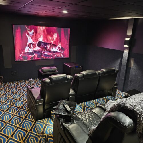 warm home personal theater room art deco floor retro carpet